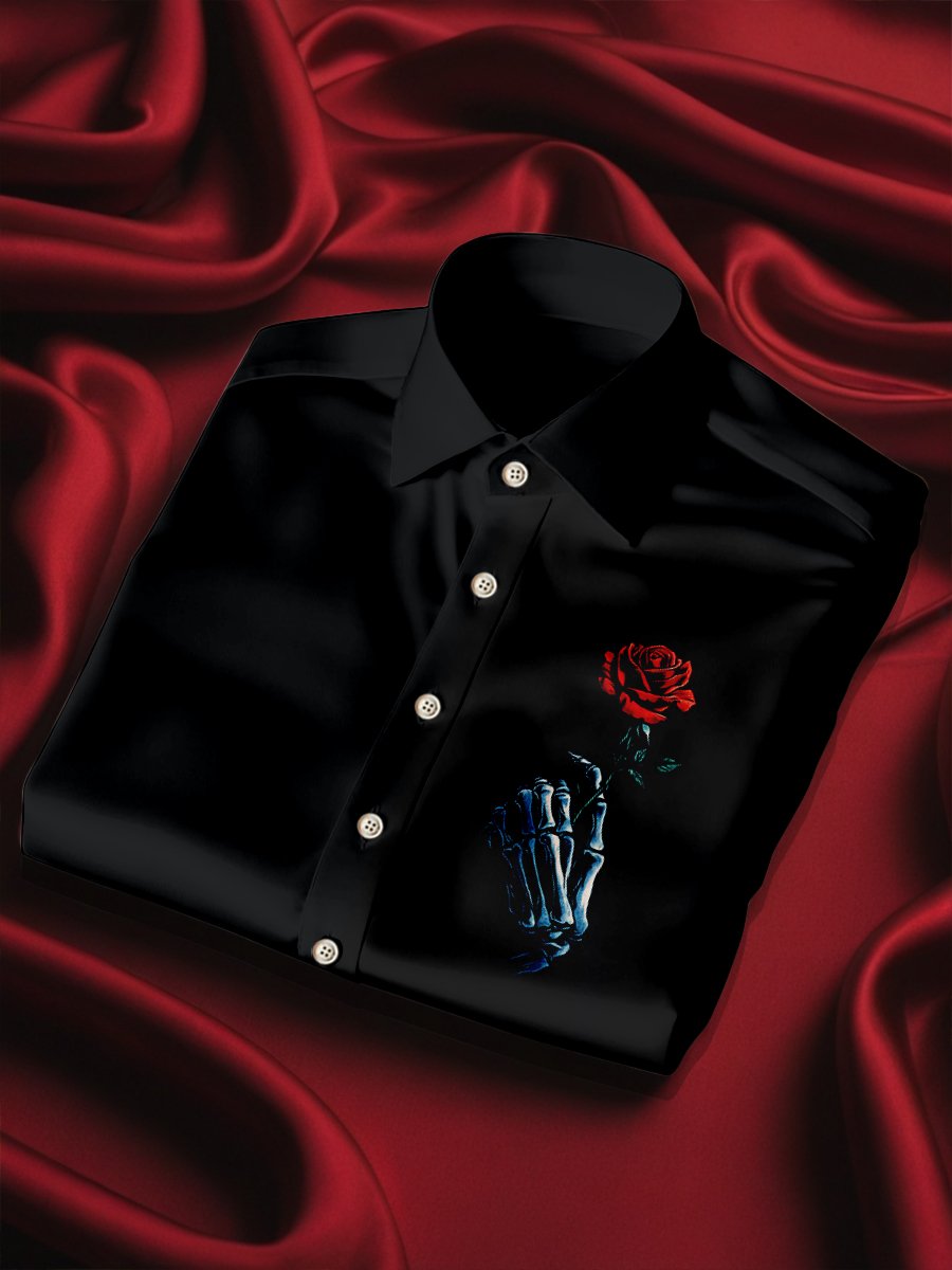 Camisa seda Skeleton Hand Rose de lujo ejecutivo de manga larga para hombre