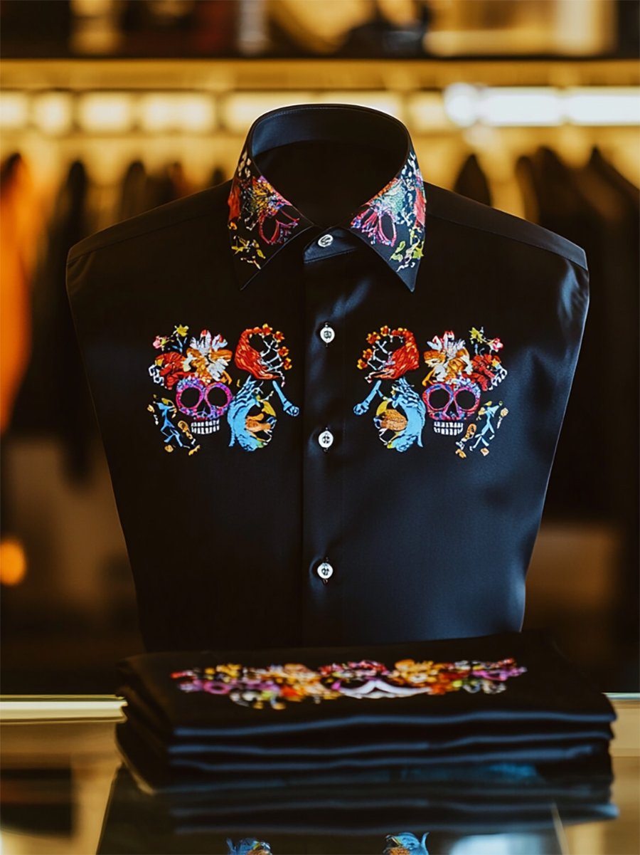 Camisa satén Luxe Skull de manga larga con botones para hombre