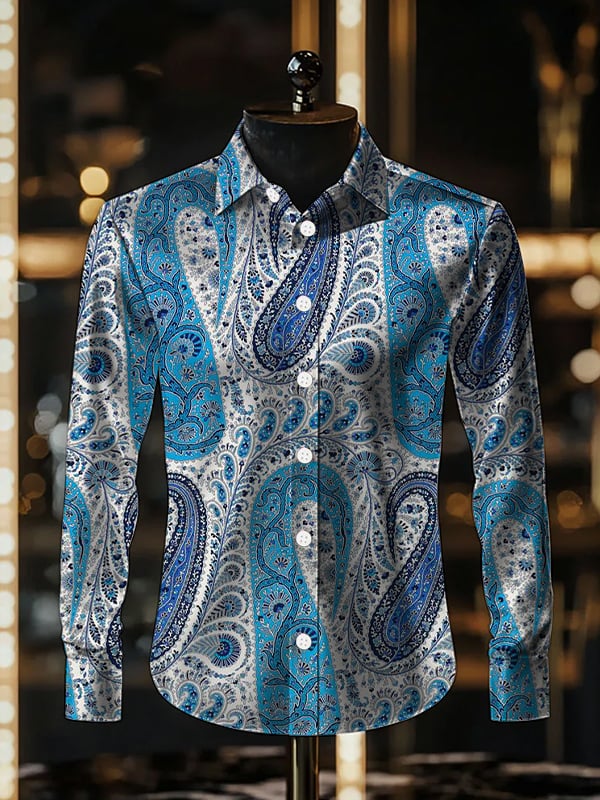 Camisa satén de lujo Ethnic Paisley de manga larga para hombre