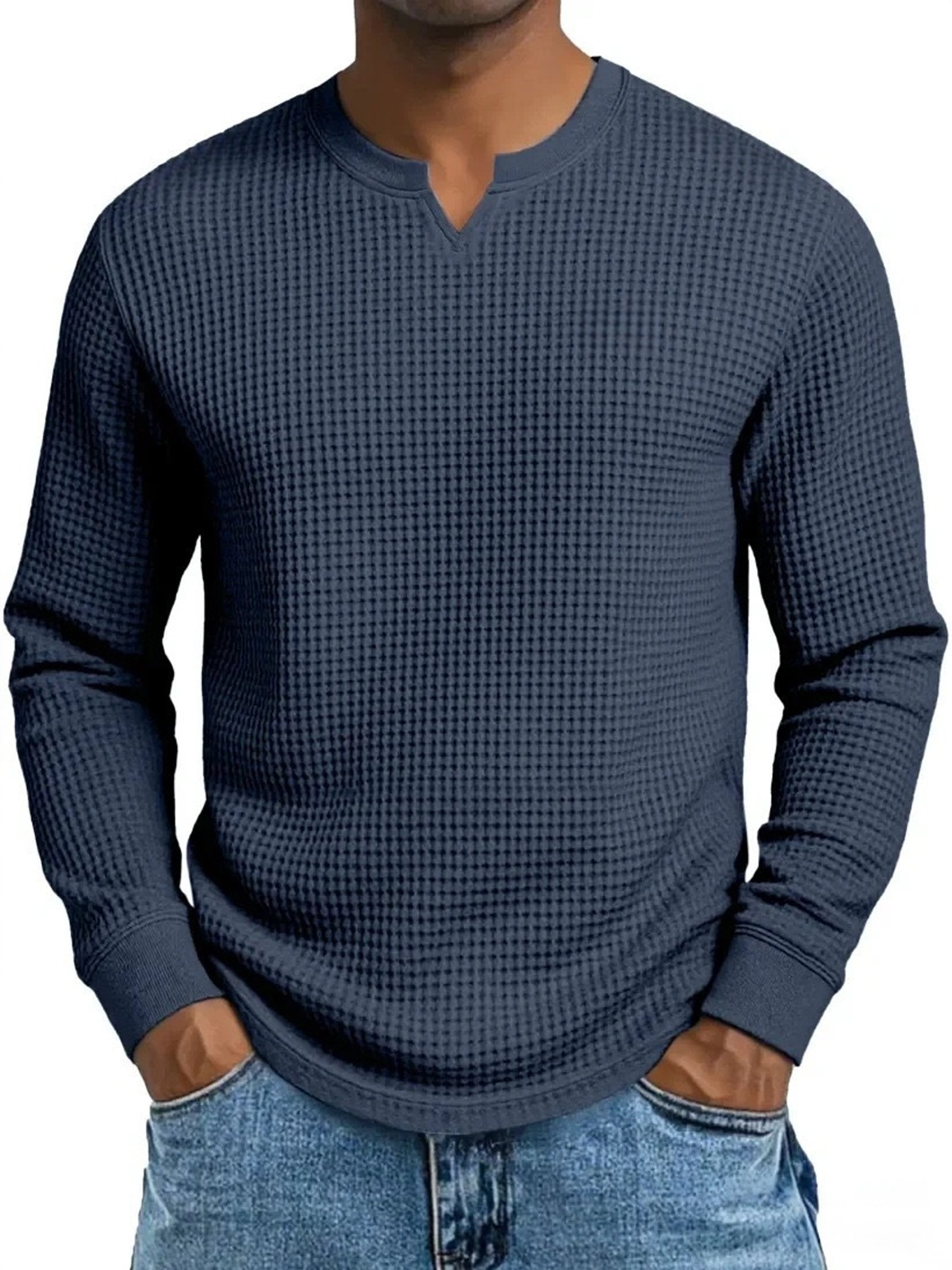 Camiseta vintage tejido tipo waffle V-Neck de manga larga para hombre