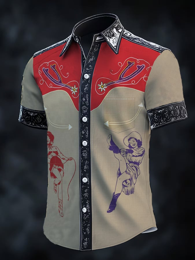Camisa retro Western estampado de manga corta para hombre