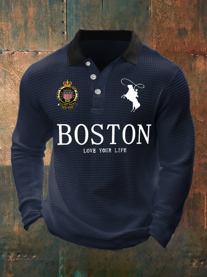 Camisa polo retro ejecutivo casual Waffle Fabric de manga larga para hombre