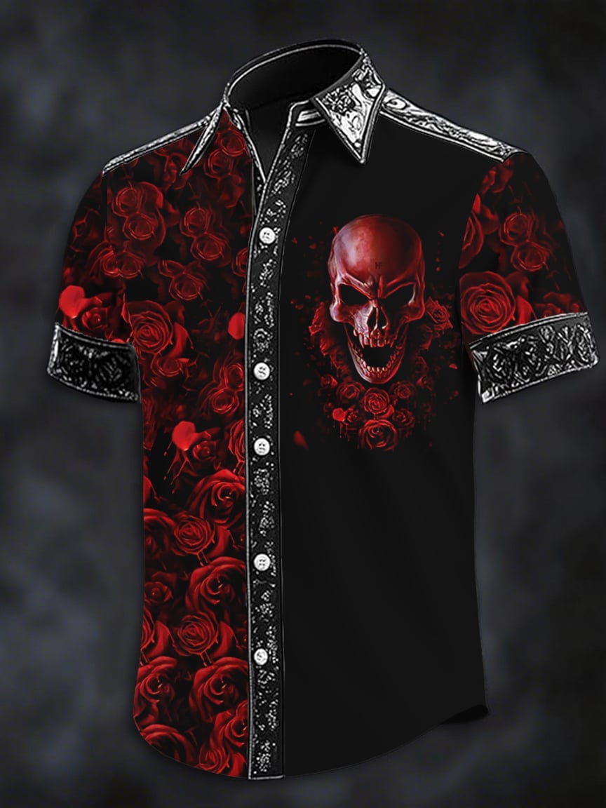 Camisa Dark Skull estampado casual de manga corta para hombre