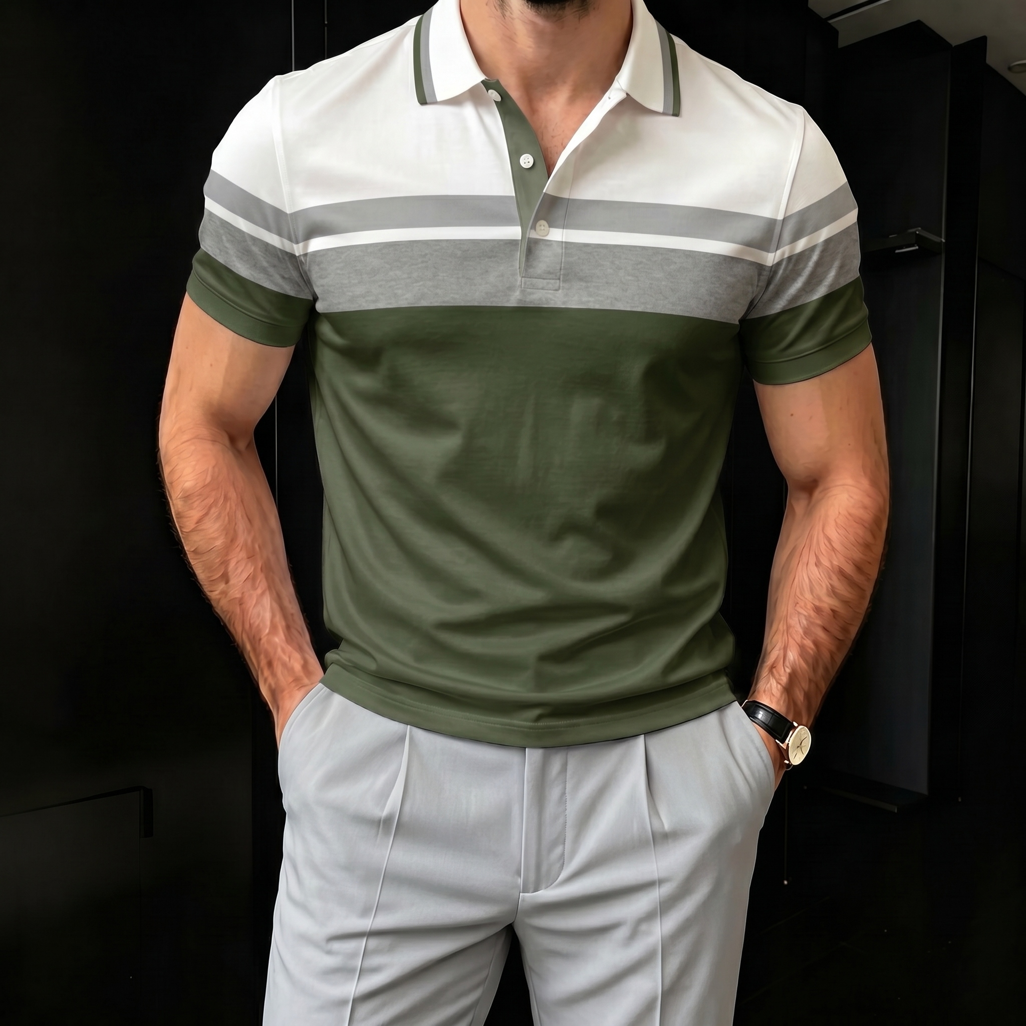 Camisa polo casual Green And Gray rayas para hombre