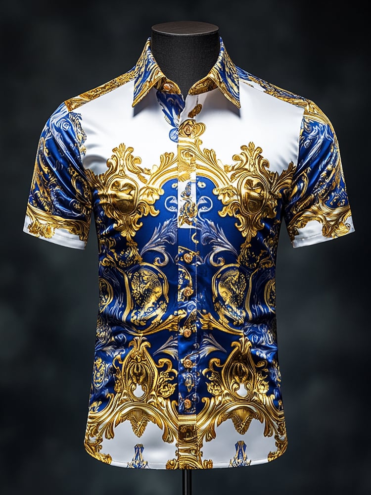 Camisa satén Luxe estampado de manga corta Button para hombre