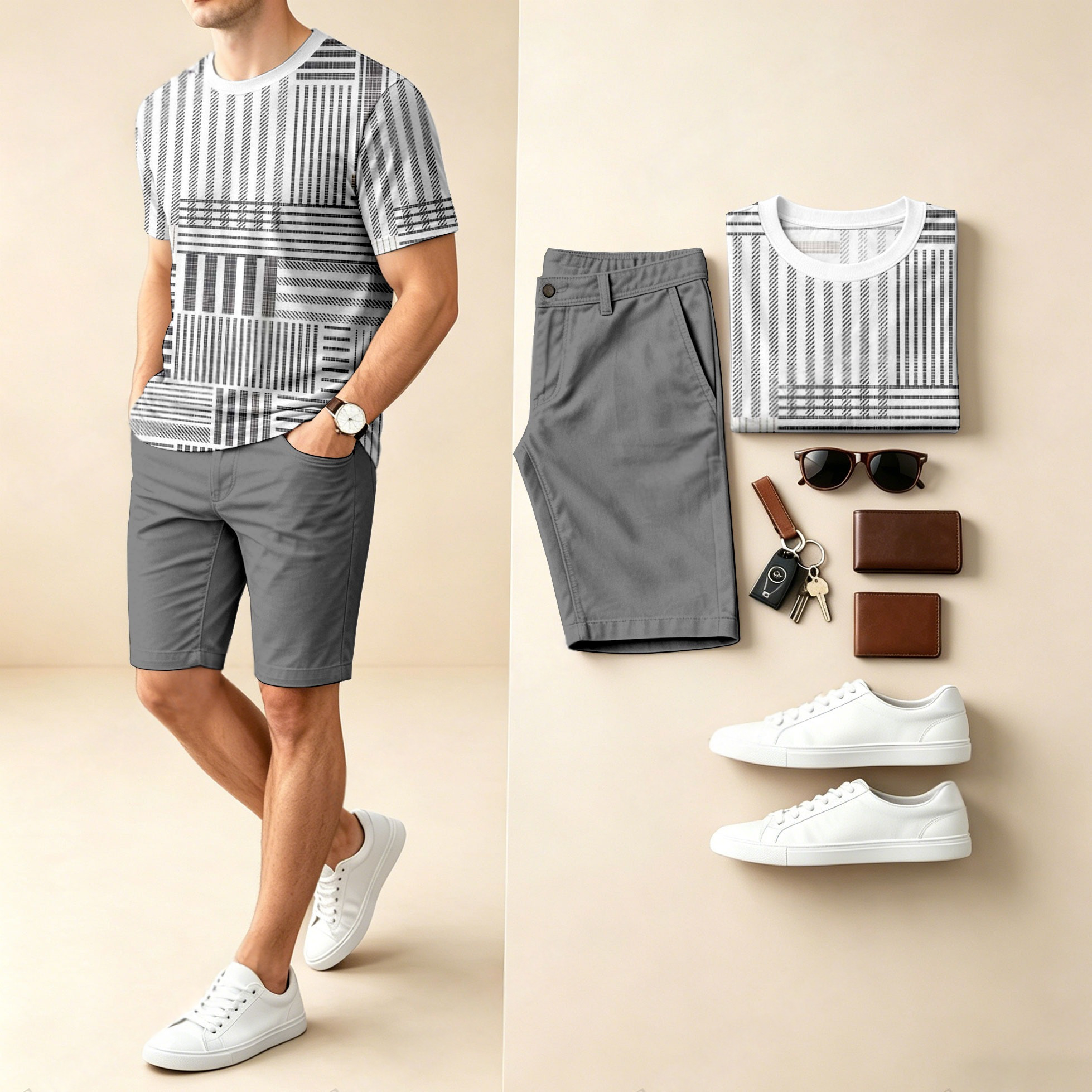 Conjunto de dos piezas casual a rayas Patchpara trabajo estampado Round-Neck de manga corta camiseta And shorts para hombre