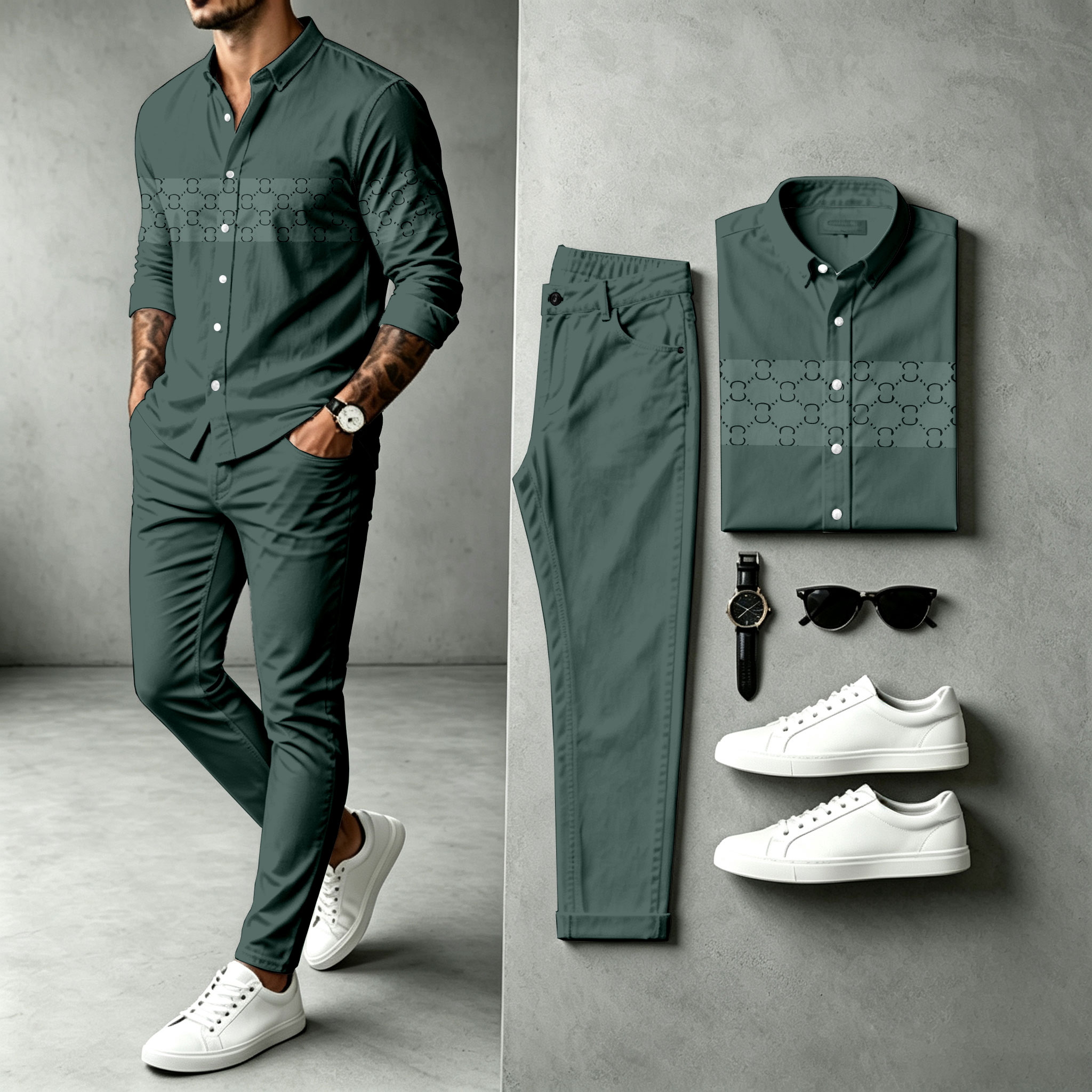 Camisa Patchpara trabajo de manga larga and pantalón Set para hombre
