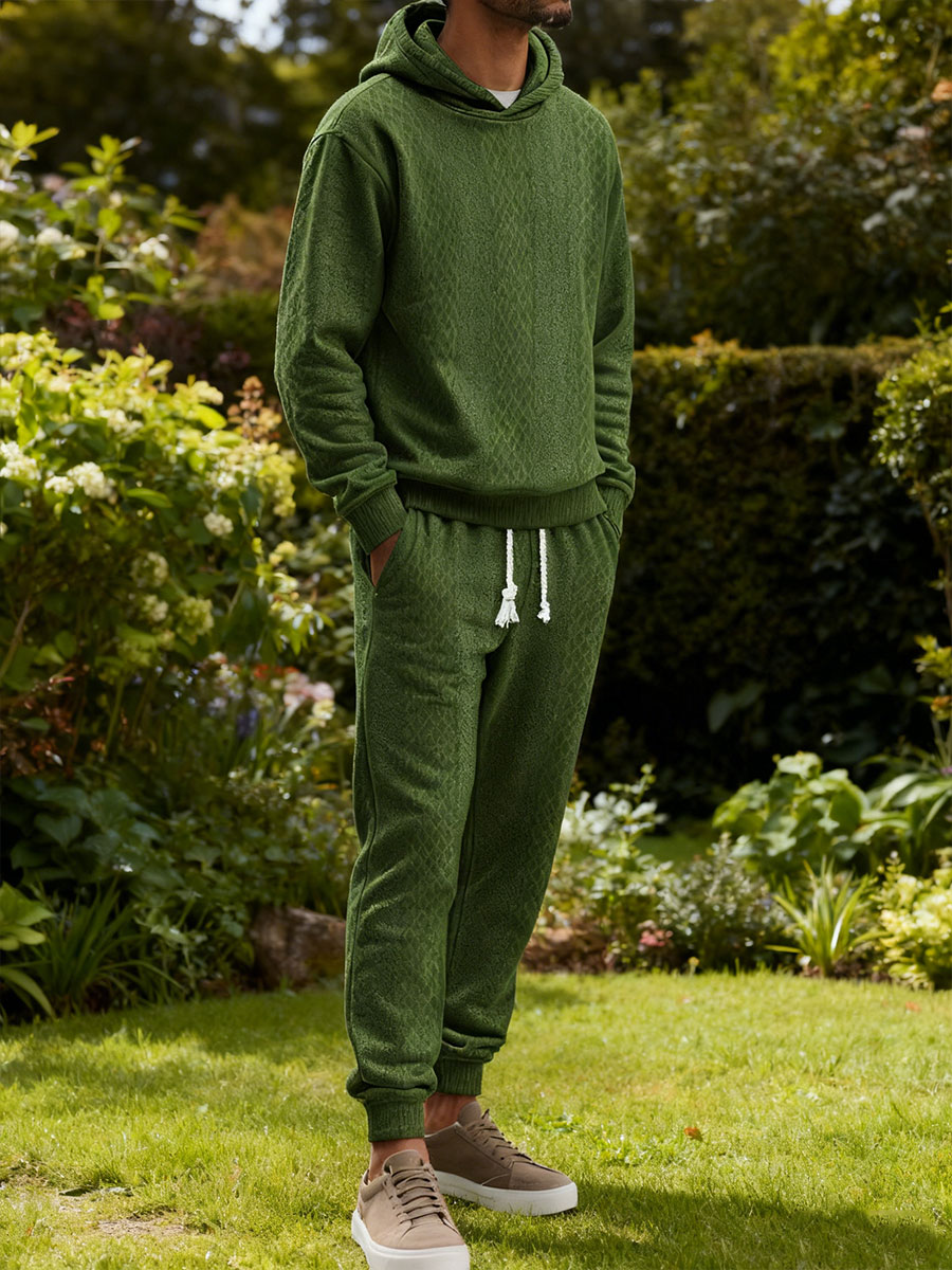 Sudadera holgado-fitting casual Sports de manga larga pantalón Jacquard Hooded Set para hombre