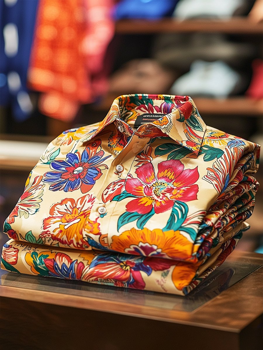 Camisa satén Luxe hawaiano estampado de manga corta Button para hombre