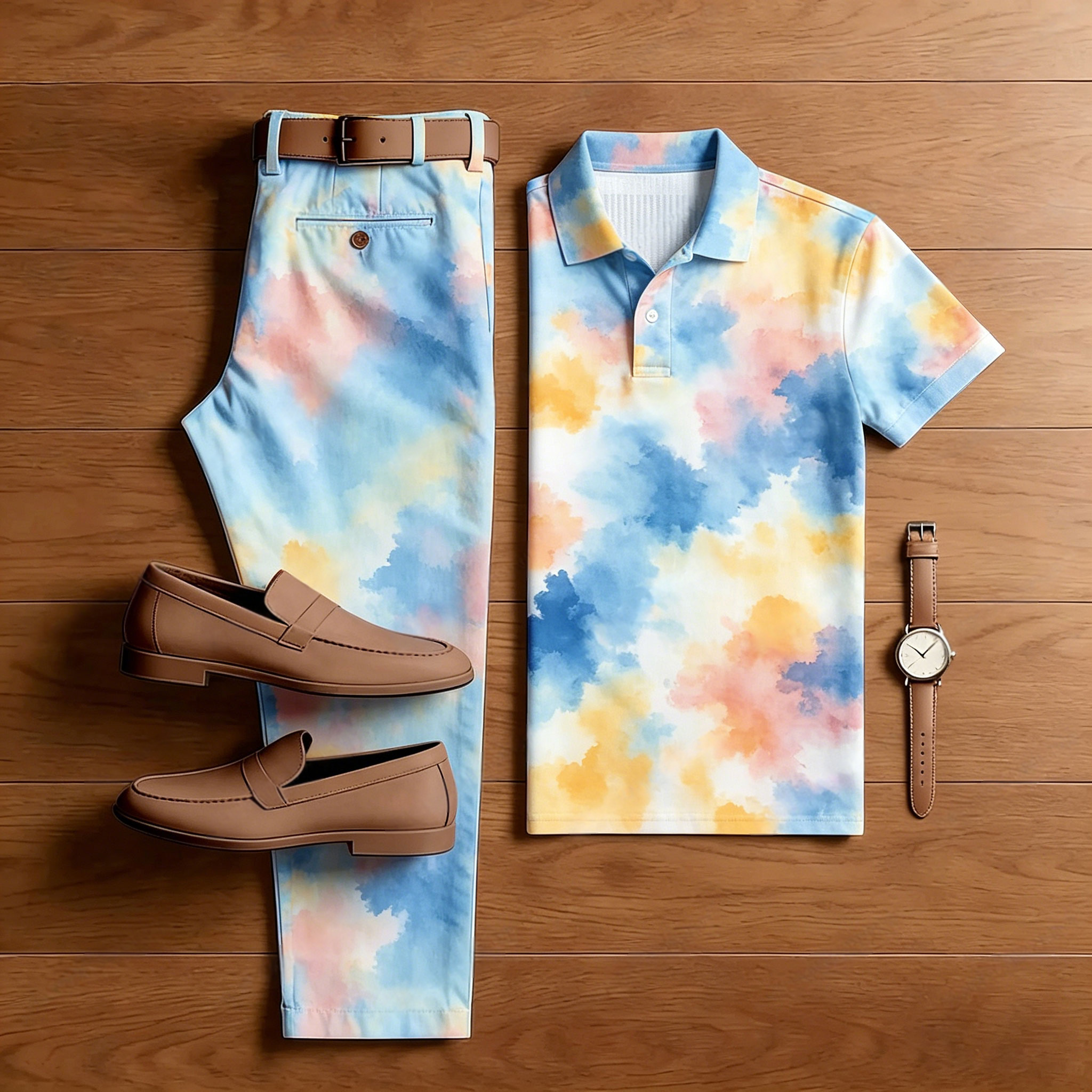 Conjunto de dos piezas casual Color Blending estampado camisa polo And pantalón para hombre