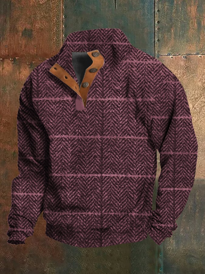 Sudadera Western vintage a cuadros estampado Stand cuello con botones para hombre