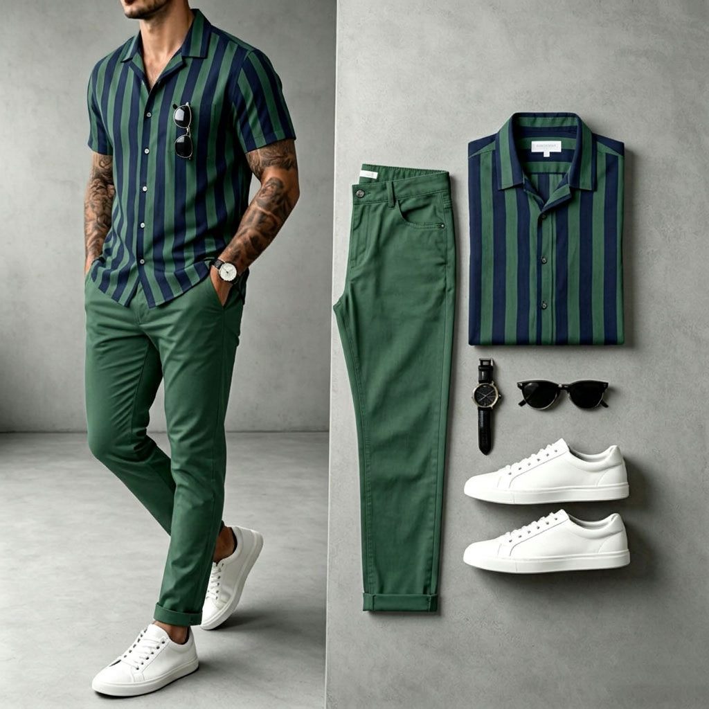 Camisa a rayas de manga larga and pantalón Set para hombre
