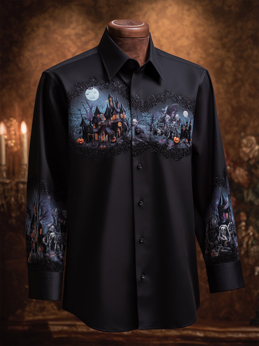 Camisa vintage Halloween estampado de manga larga para hombre