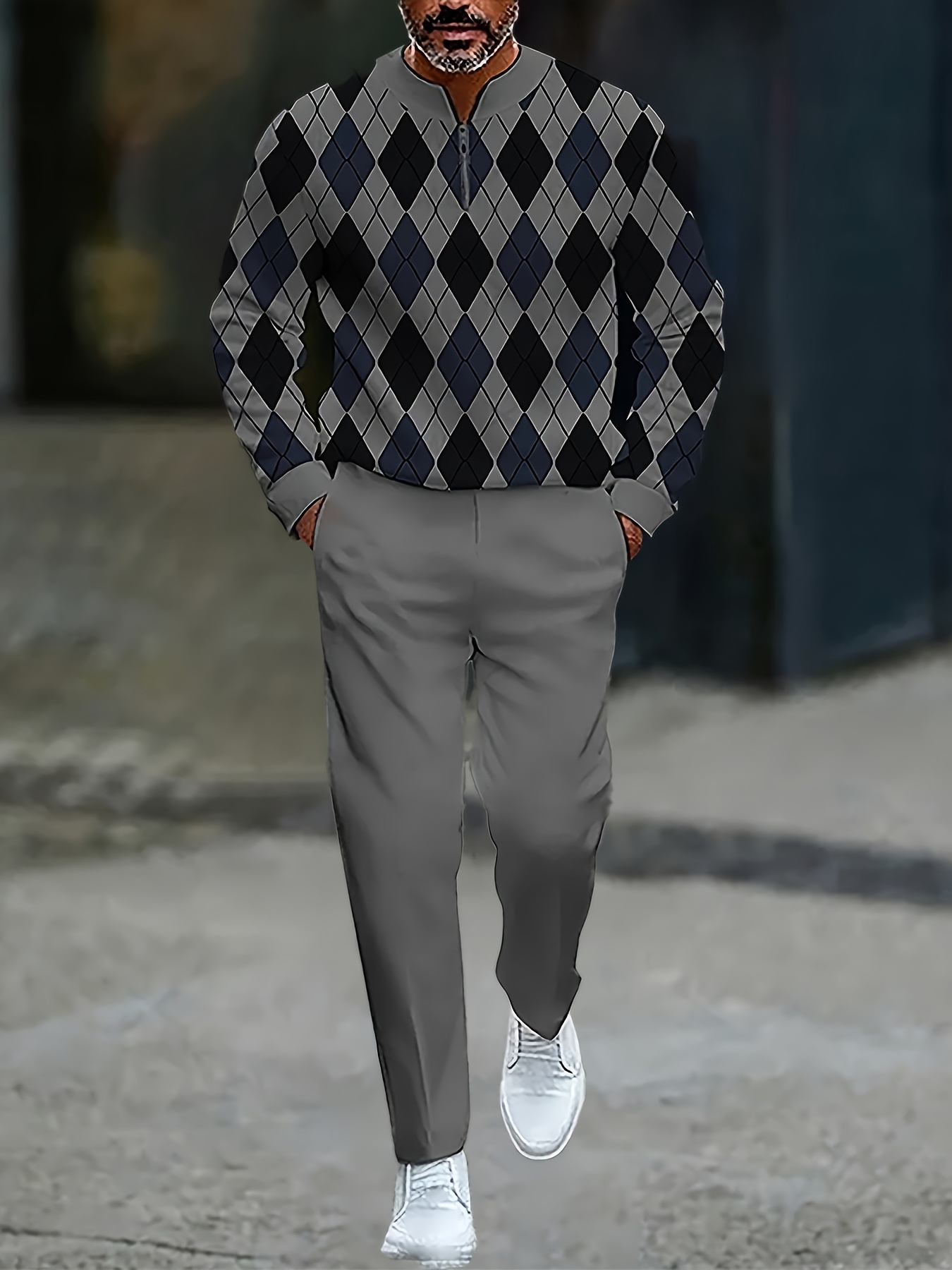 Conjunto de dos piezas casual Color Matching estampado Round-Neck Zipper de manga larga Trousers para hombre