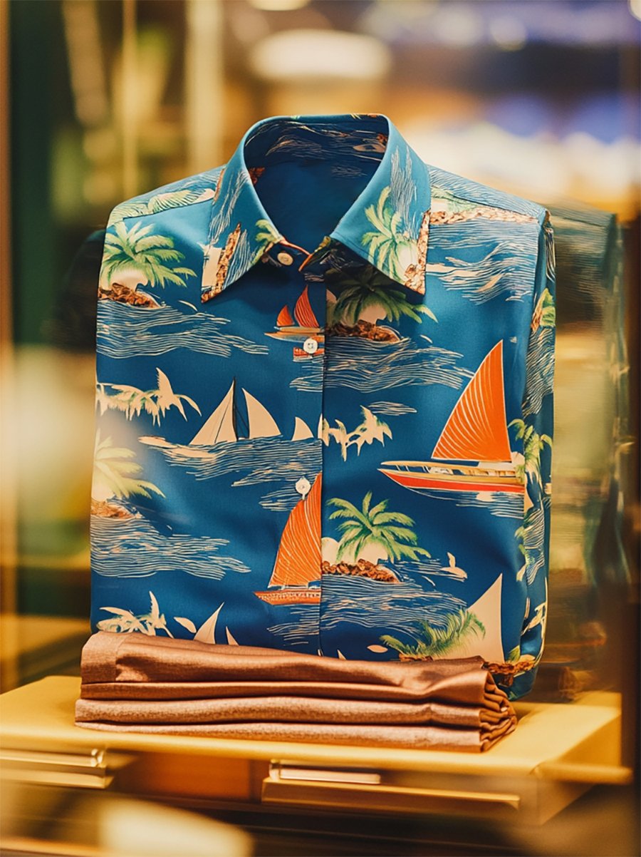 Camisa Holiday casual Sailing Wave estampado de manga larga para hombre