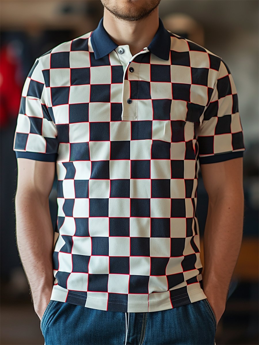 Camisa polo ejecutivo casual a cuadros con botones de manga corta para hombre
