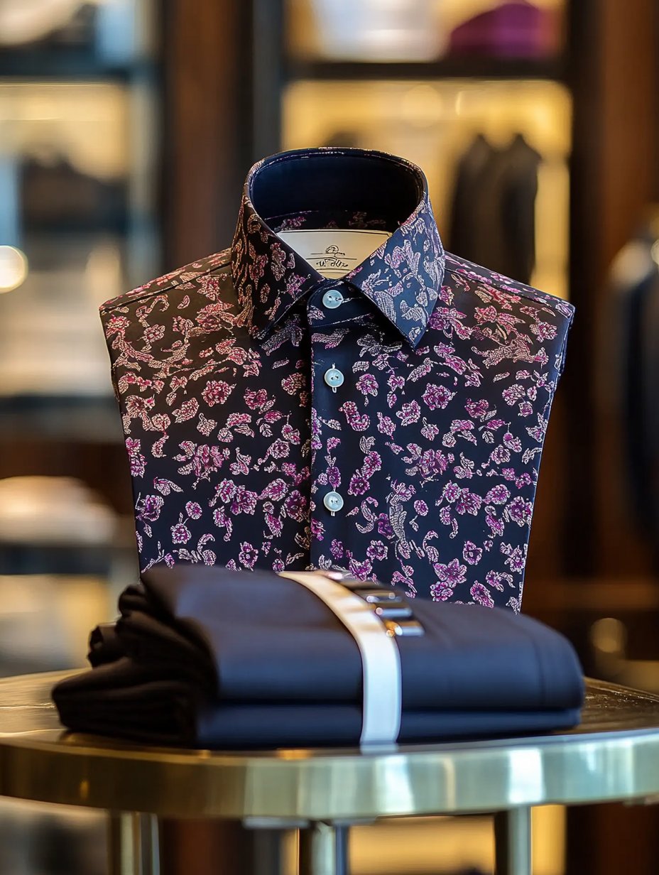 Camisa de lujo Romantic Contrast Color estampado de manga larga para hombre