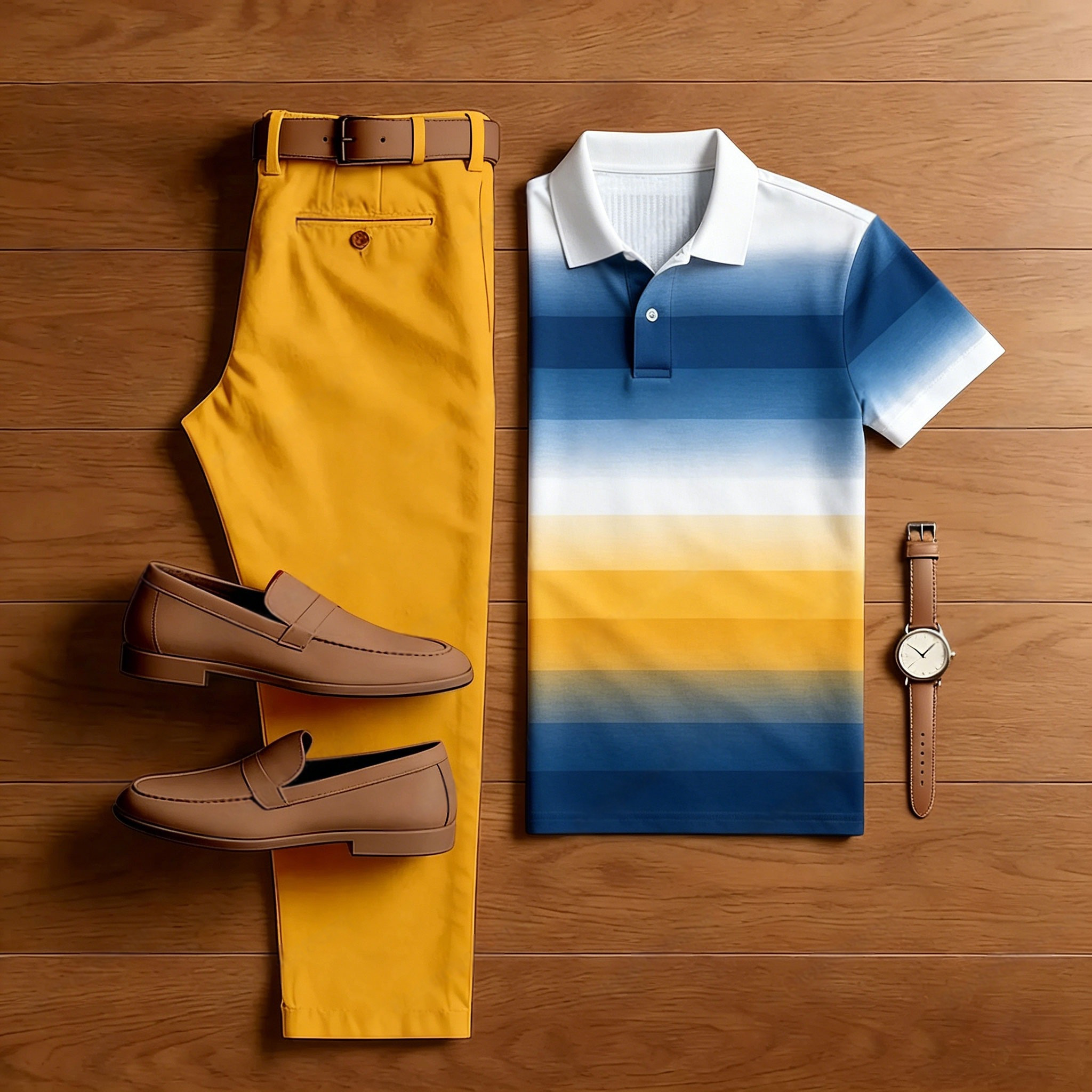 Conjunto de dos piezas casual Blue Gradient estampado camisa polo And pantalón para hombre