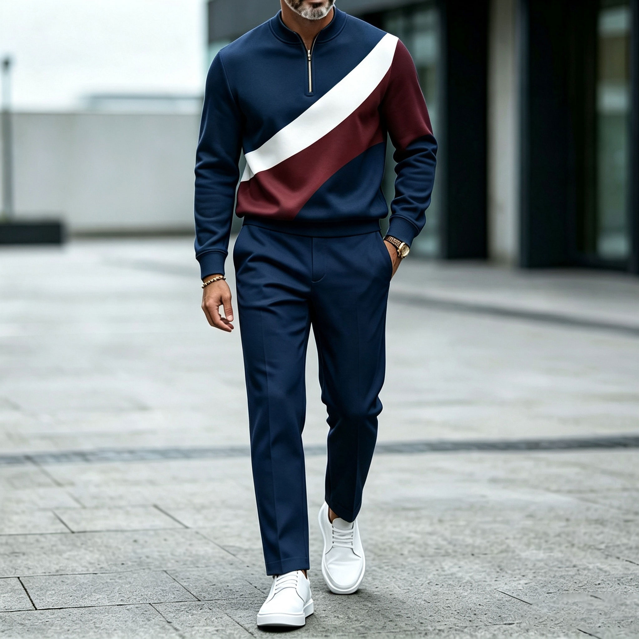 para hombre Color-Blocked Round-Neck Zipper de manga larga Top and pantalón Set