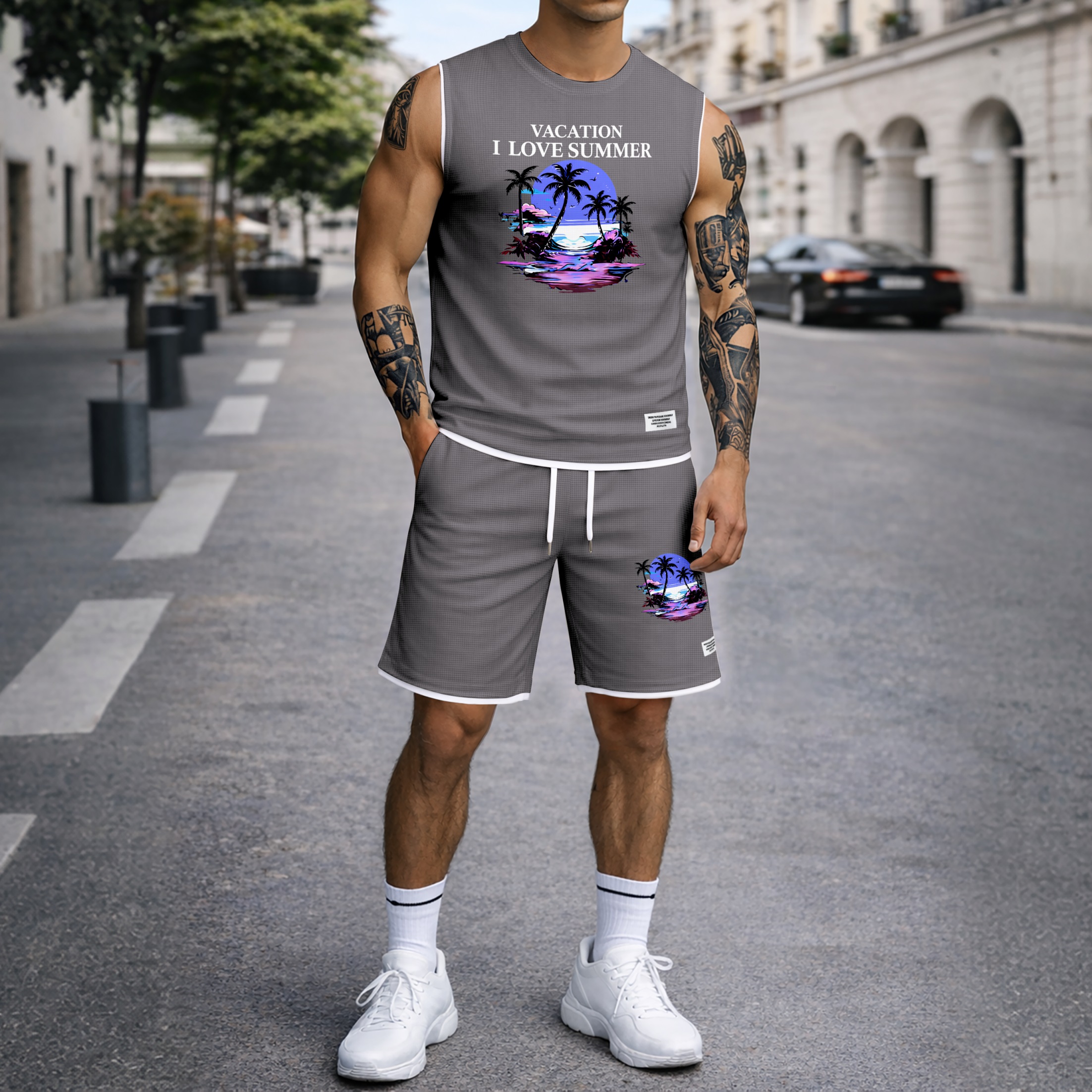 Shorts Tropical Beach Graphic estampado Summer Set Sleeveless Tank Top & Matching Outfit, Vacation Island estampado Lightweight casual Streetwear Set for Everyday & Holiday para hombre