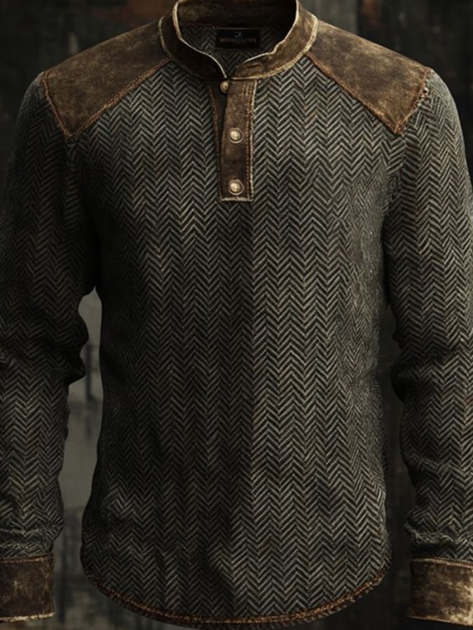 Camisa casual vintage desgastado estampado de manga larga Henley para hombre