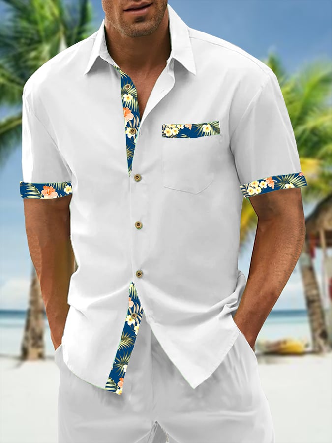 Camisa Resort Style Contrast estampado casual de manga corta para hombre