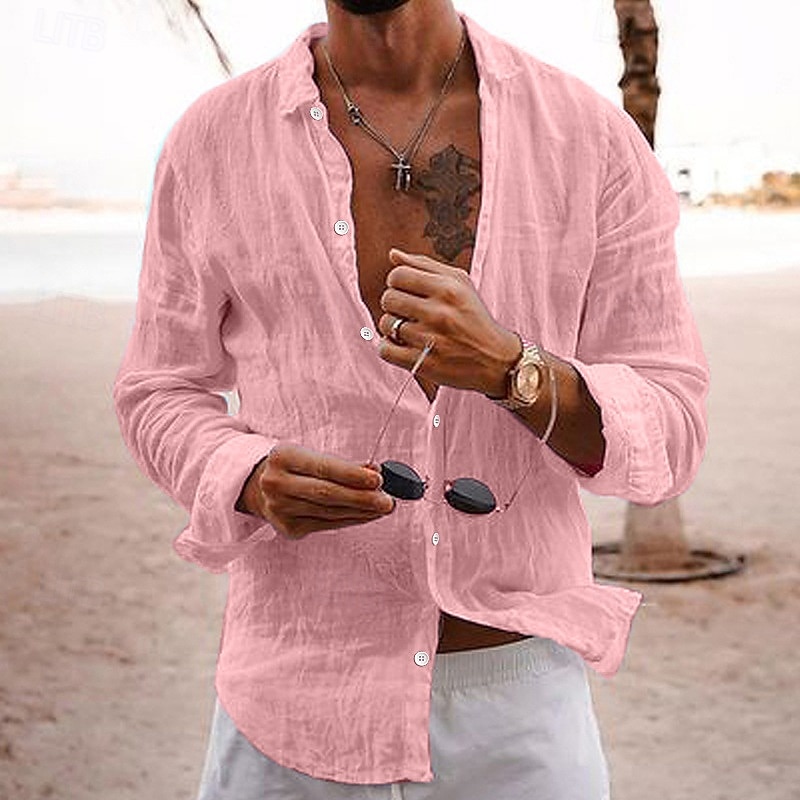 Camisa de lino casual camisa Beach camisa Button Up camisa Plain Vacation Curise Black White Pink Navy Blue de manga larga solapa Spring & Summer Clothing Apparel Basic para hombre - vista 7