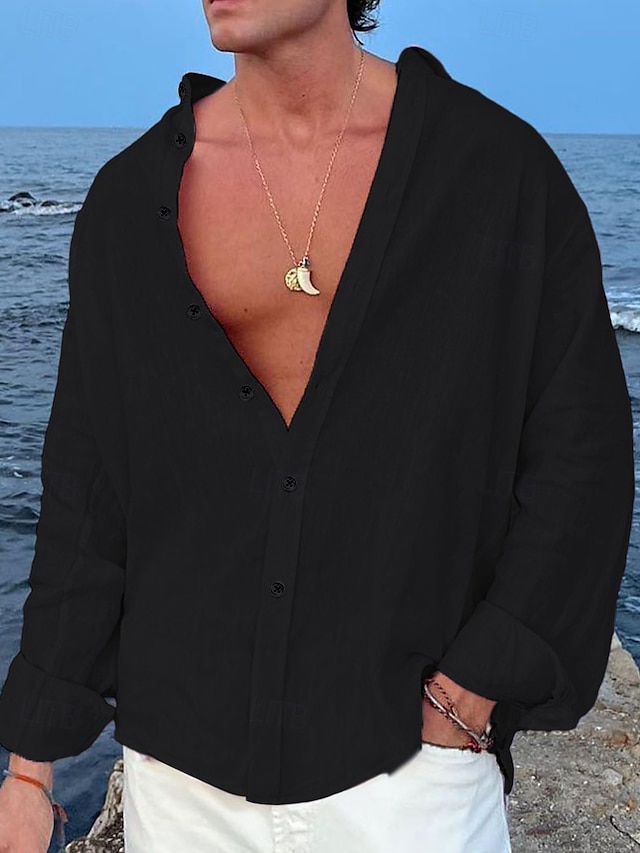 Camisa de lino camisa Summer camisa Beach Wear Button Up camisa Plain casual para uso diario Black White Pink Blue de manga larga Lapel Spring & Summer Clothing Apparel para hombre