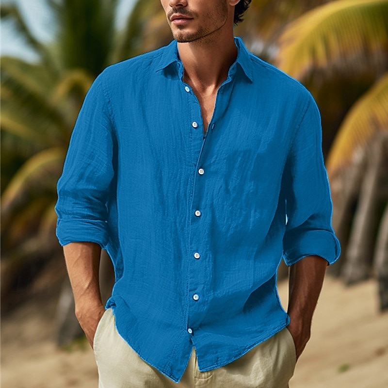 Camisa de algodón de lino camisa Summer camisa Beach Wear Button Up camisa Plain Vacation Curise Black White Pink Navy Blue de manga larga solapa Spring & Summer Clothing Apparel para hombre - vista 9