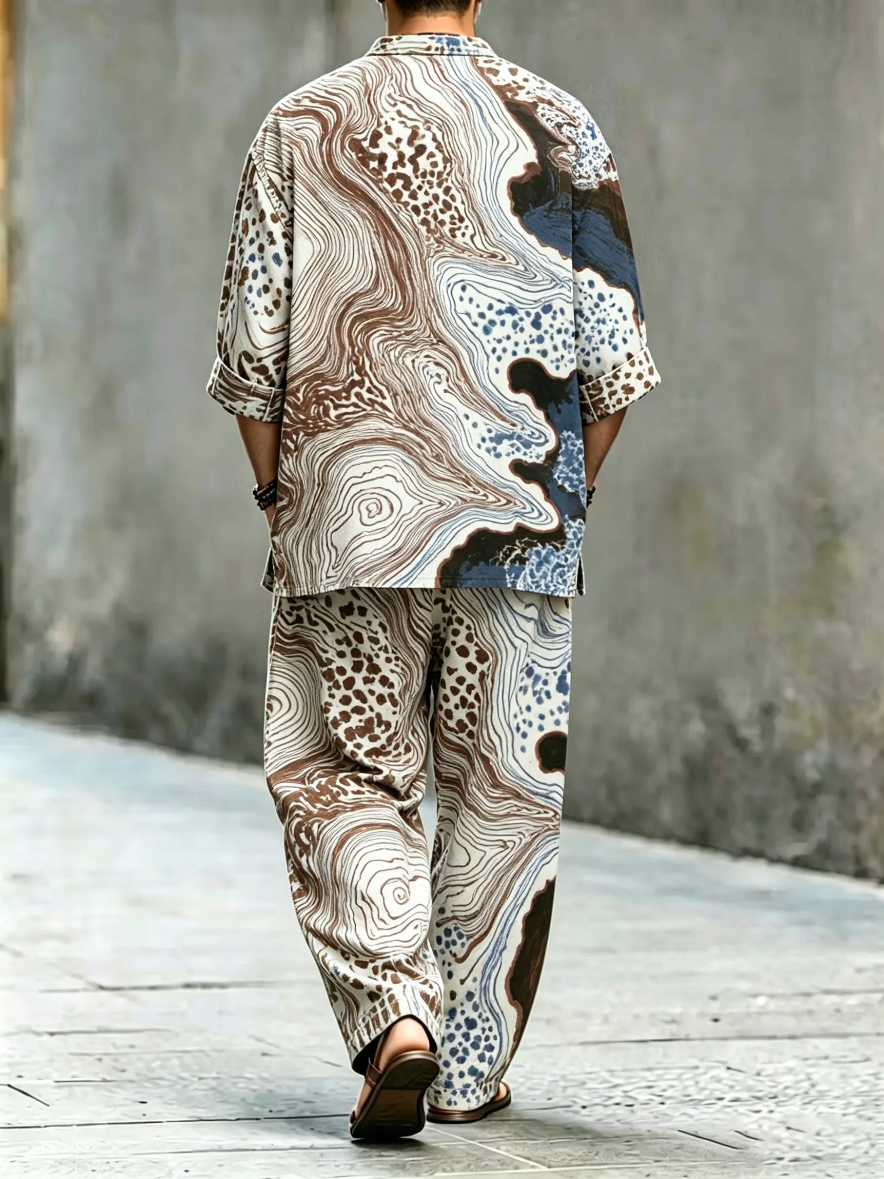 para hombre vintage Abstract Art estampado de algodón camisa Set (Top & pantalón)