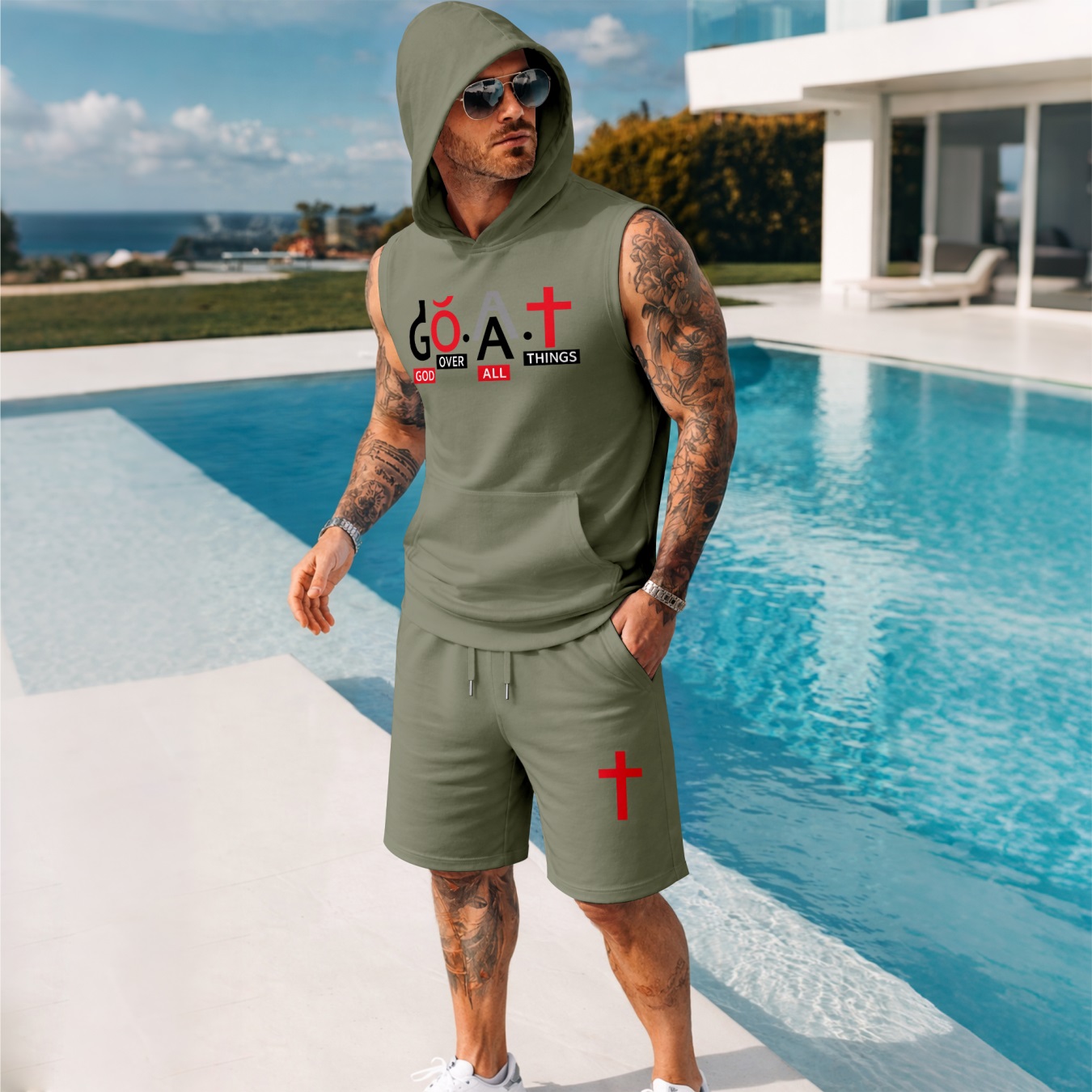 Sudadera con capucha Sleeveless & shorts Set – G.O.A.T Graphic estampado, Cross & Faith Design, casual Streetwear Summer Tracksuit, Urban Style Outfit, para uso diario Wear, Gym Ready, Lightweight Comfort Fit shorts para hombre