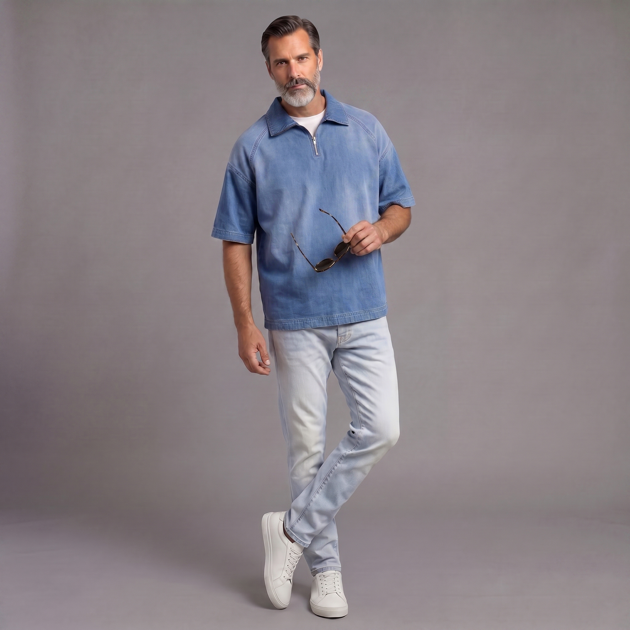 Camisa desgastado Denim de manga corta With Zipper Collar para hombre