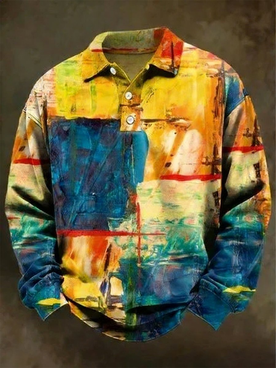 Camisa polo retro Faith Oil Painting Art de manga larga para hombre