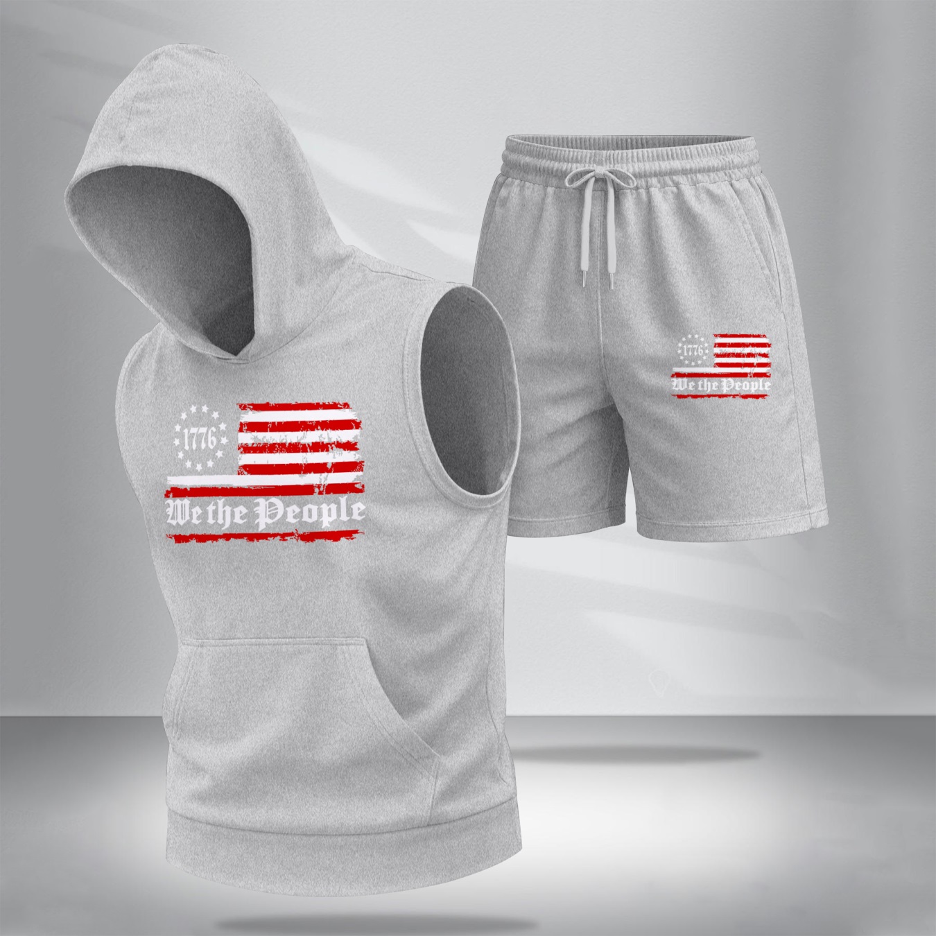 Conjunto de dos piezas American Flag estampadoHooded Tank Top & shorts Set, Regular Fitcasual Athletic de moda Activewear SleevelessTop & shorts, Summer Clothes para hombre