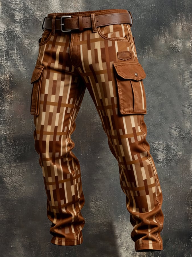 Pantalón retro en bloques de color desgastado bolsillo Cargo para hombre