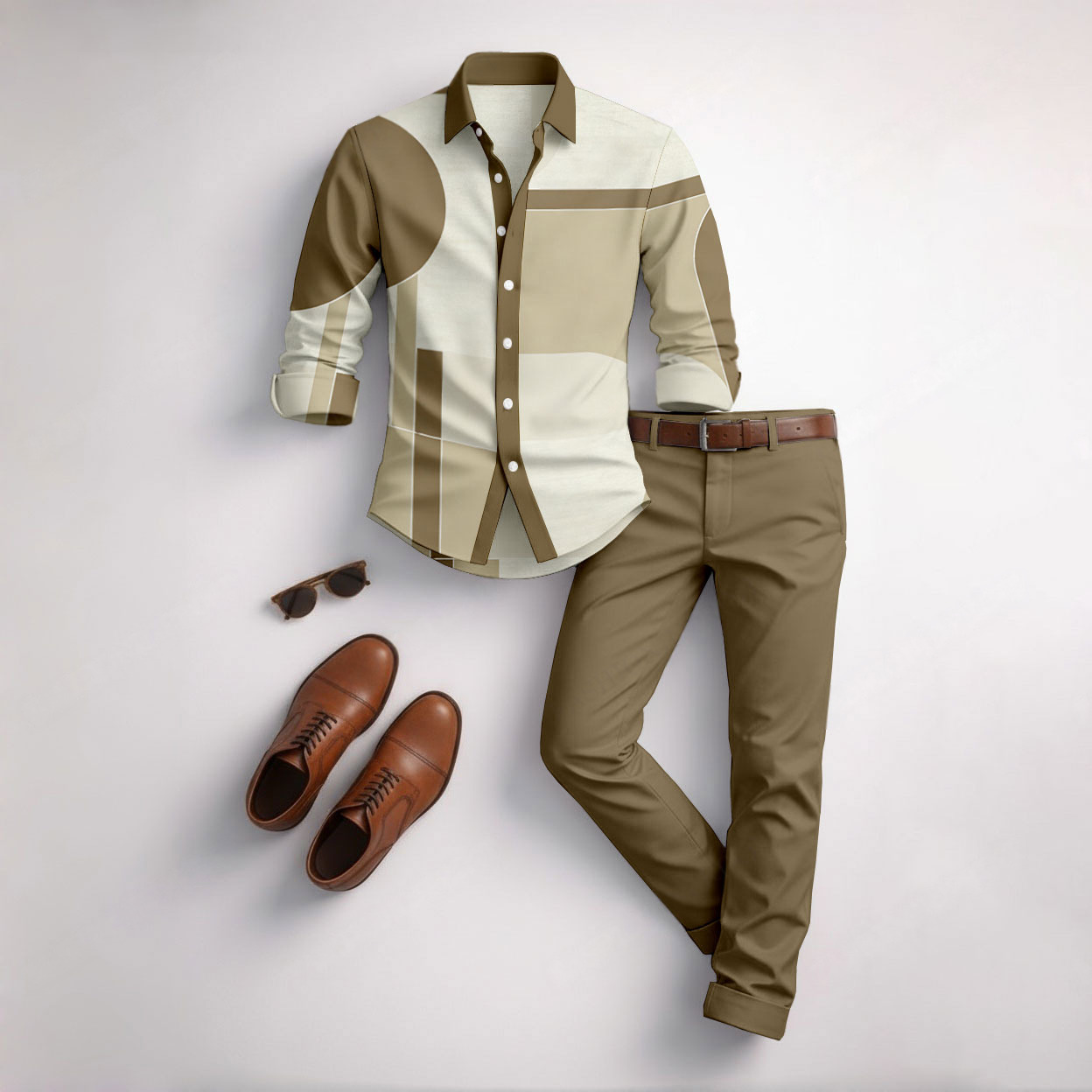 Conjunto de dos piezas casual Color Matching Geometric estampado de manga larga camisa & Trousers para hombre
