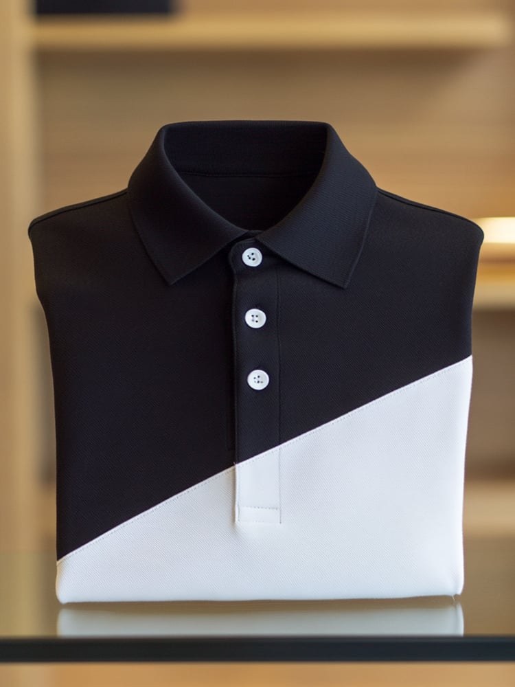 Camisa polo ejecutivo casual Black and White Block Button de manga corta para hombre