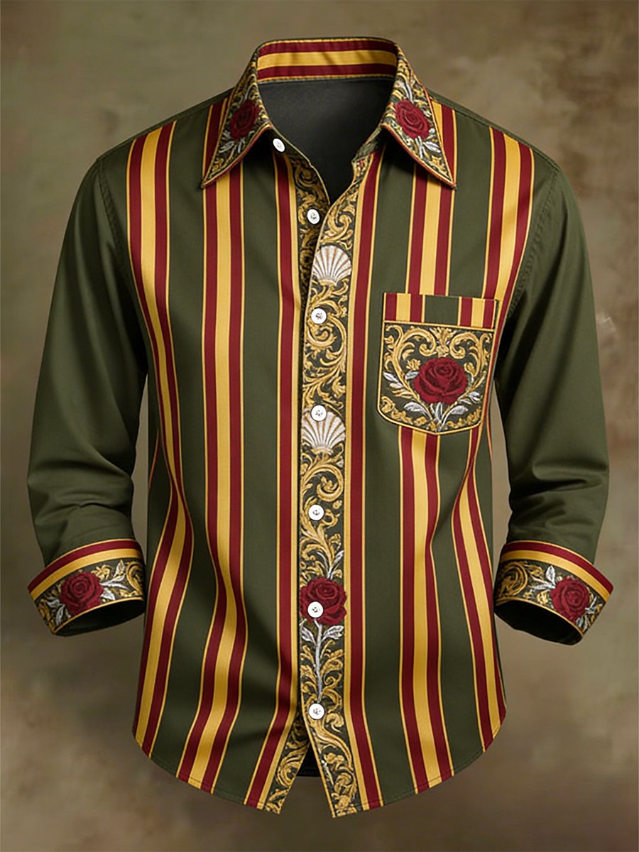 Camisa retro ejecutivo casual Baroque Rose a rayas de manga larga para hombre