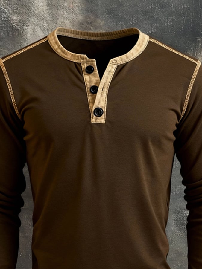 Camiseta retro Stitching Contrast Color Henley cuello de manga larga para hombre