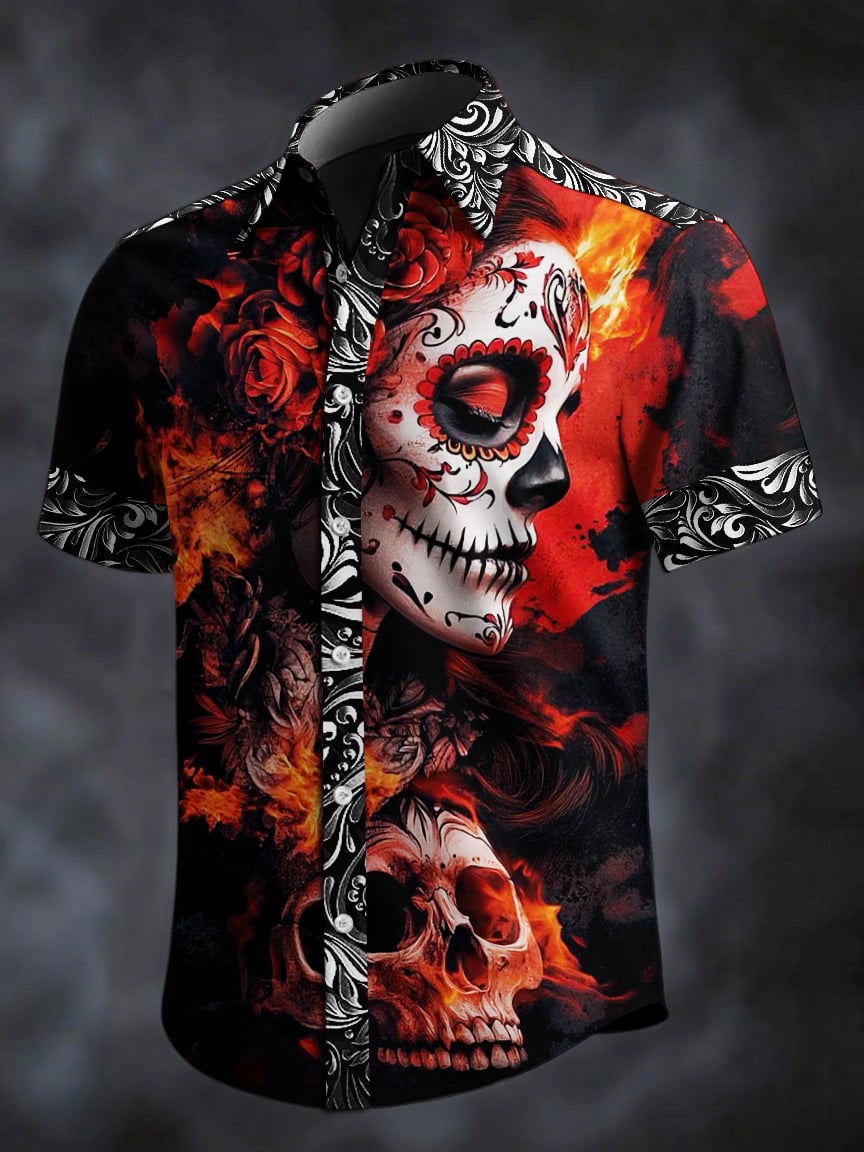 Camisa retro Skull estampado solapa de manga corta para hombre