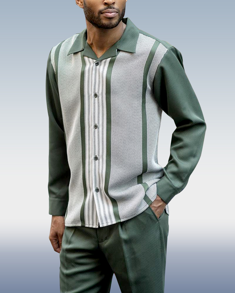 Suitmens de manga larga Trousers Green rayas Two-Piece Walking Set