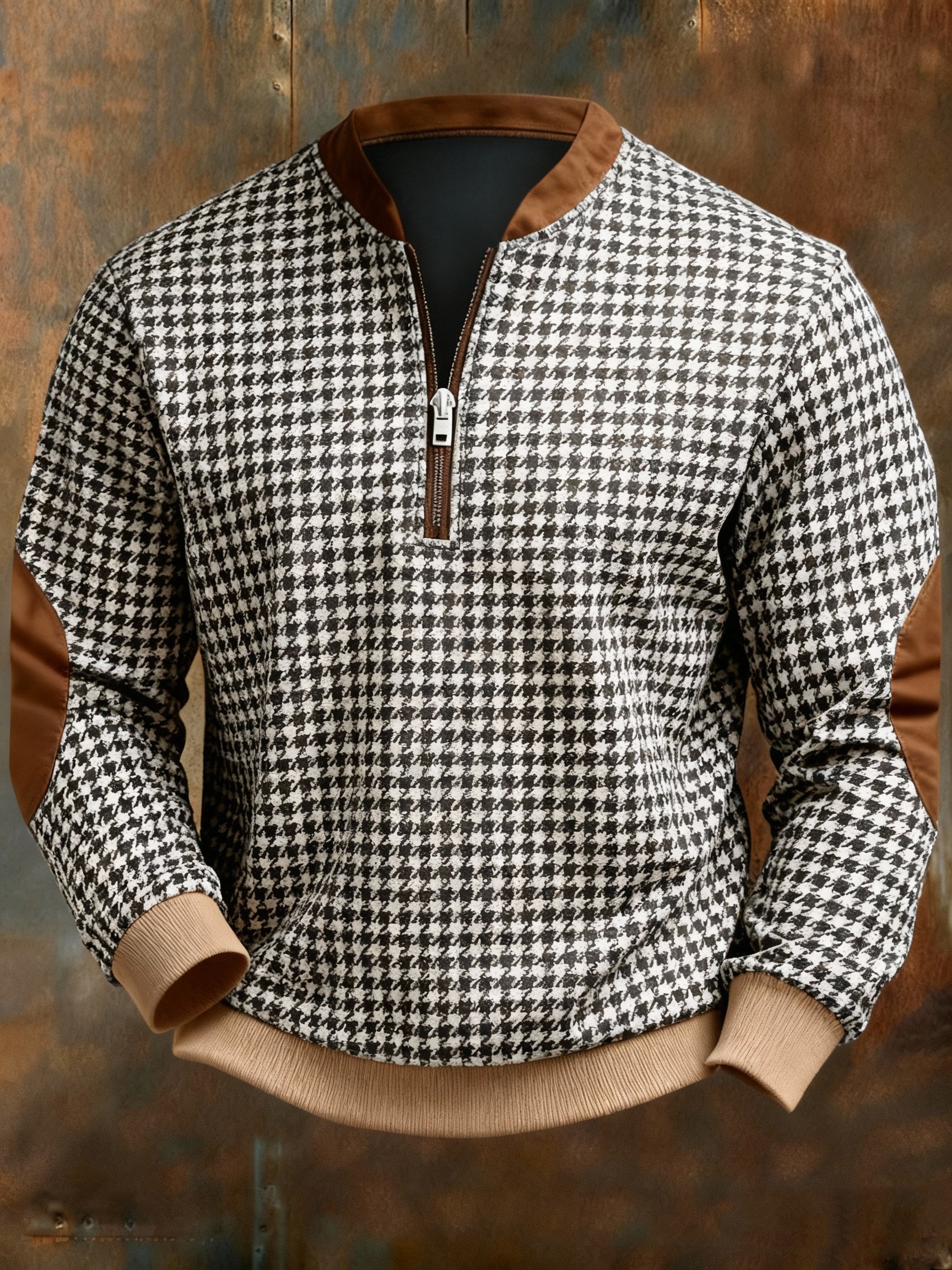 Sudadera retro Houndstooth geométrico estampado cierre