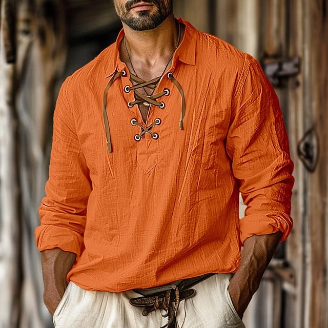 Camisa de lino camisa Viking Style Pirate camisa Summer camisa Beach Wear White Orange Green Light Blue de manga larga de color sólido Collarless Street para uso diario Clothing Apparel para hombre