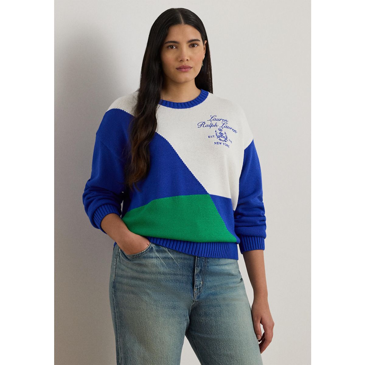 Plus Size Color-Blocked Combed Cotton Sweater - 1