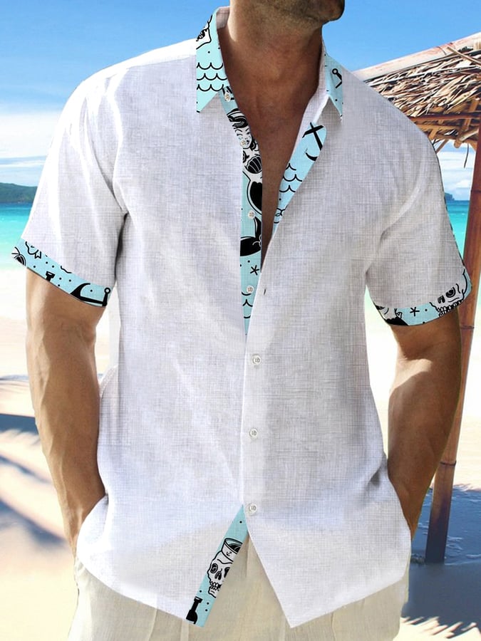 Camisa vintage Mermaid Skull estampado de moda Lapel de manga corta