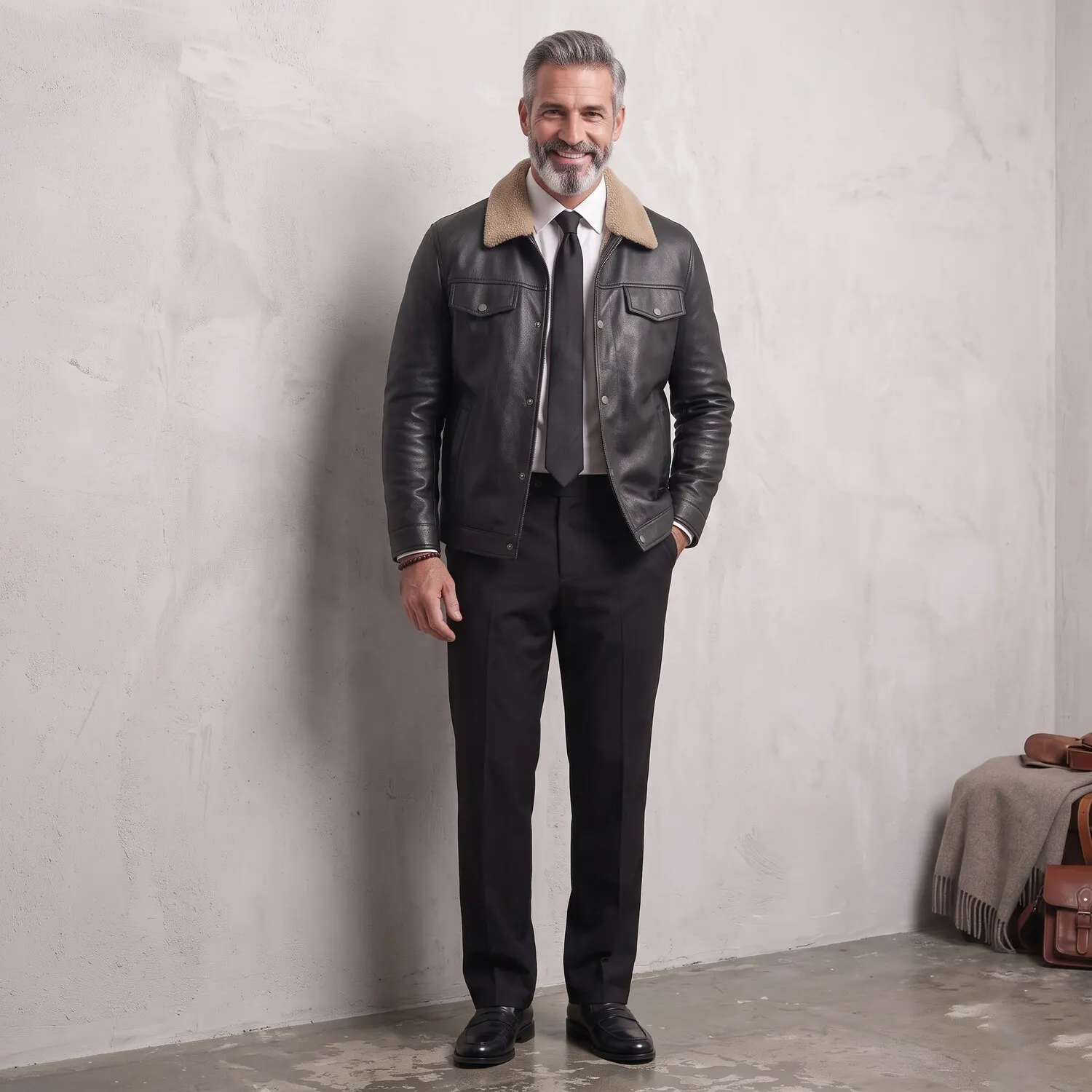 para hombre vintage Fuzzy Turndown Collar Snap Button con cierre PU Leather chaqueta