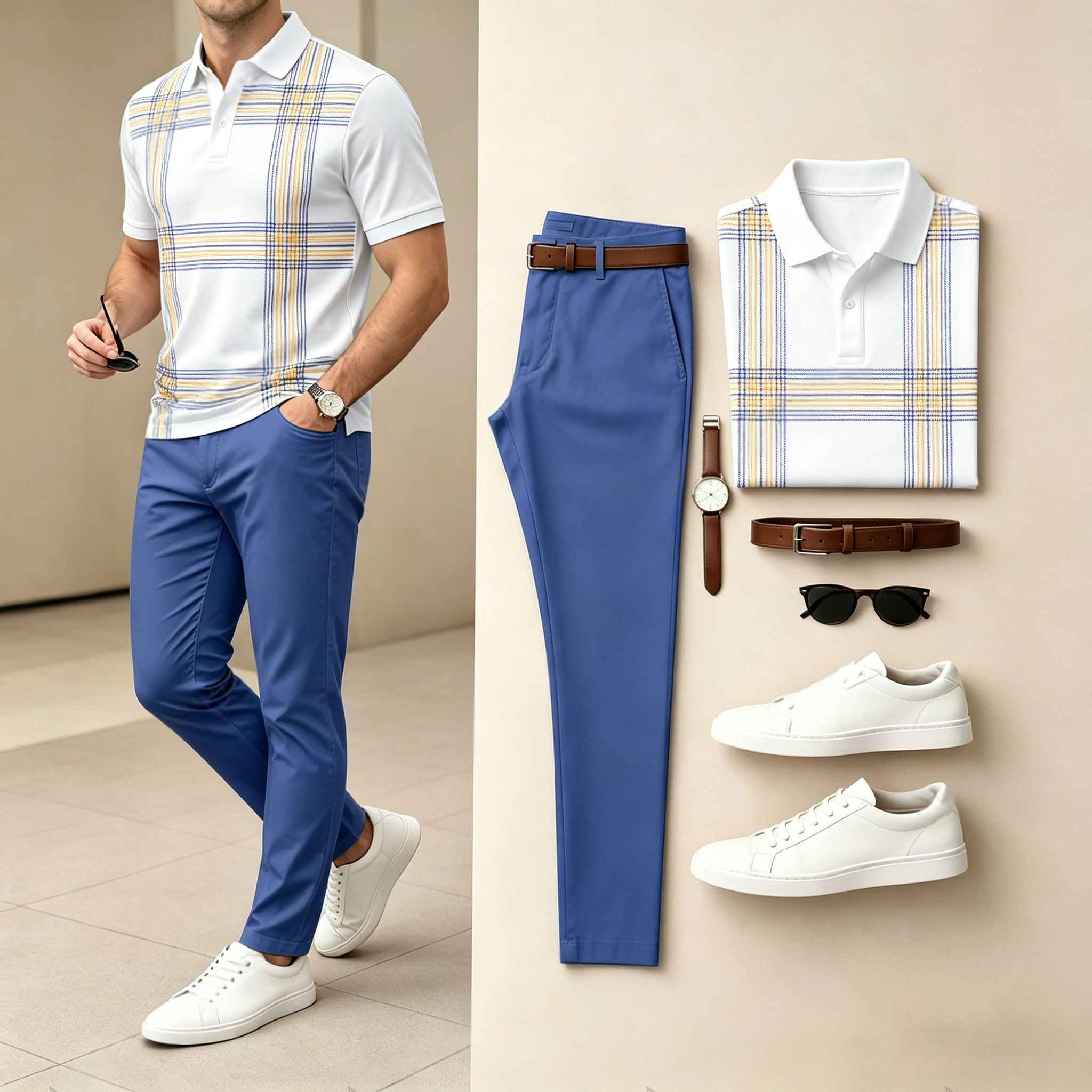 Conjunto de dos piezas casual White estampado camisa polo And pantalón para hombre