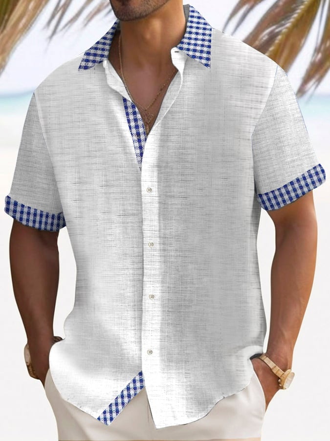 Camisa retro a cuadros Contrast Design casual de manga corta para hombre