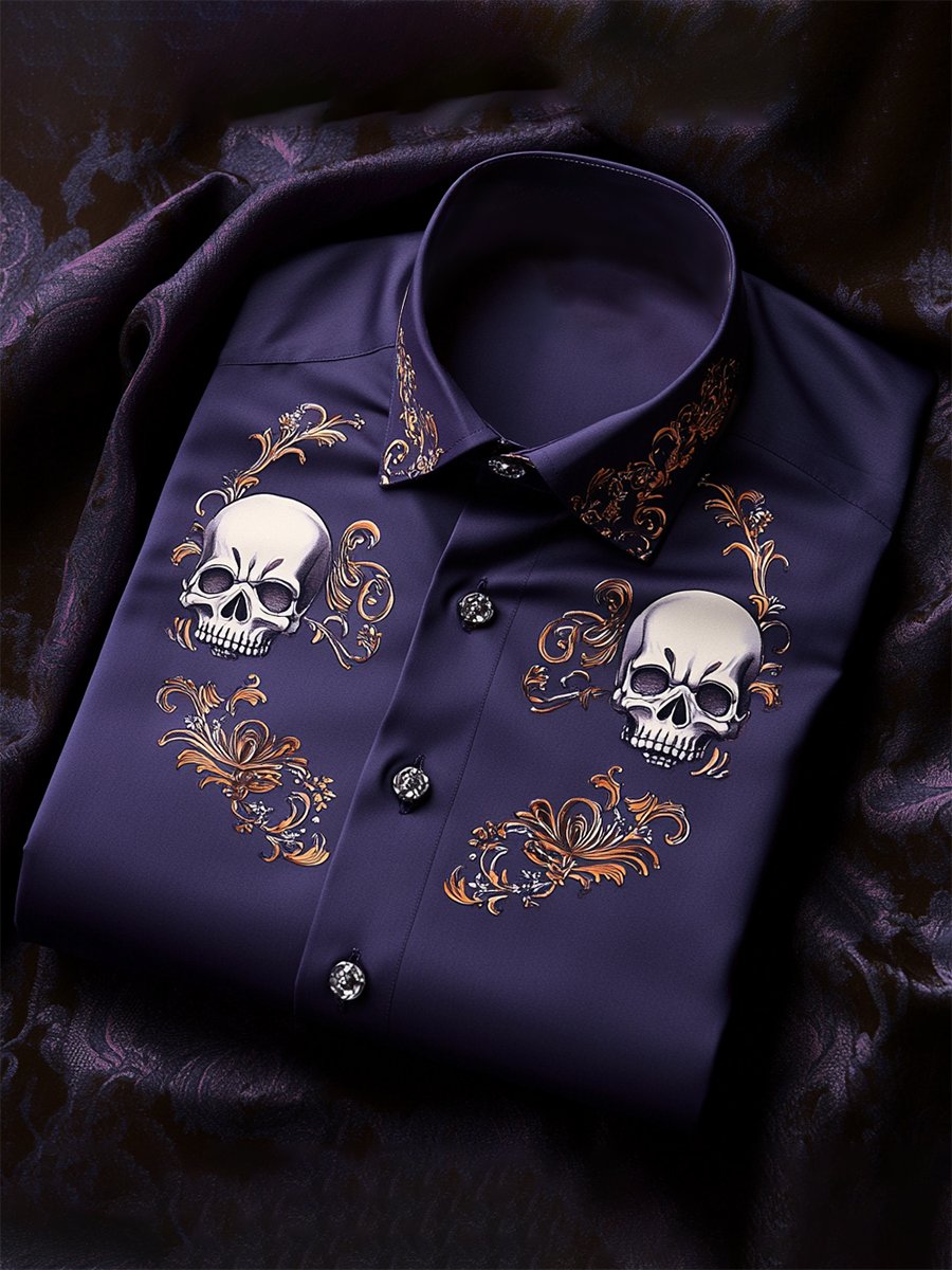Camisa satén Luxe Skull de manga larga con botones para hombre