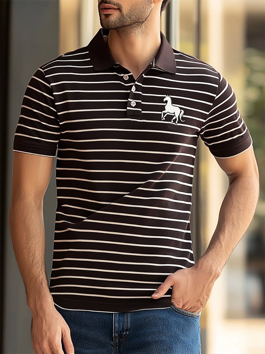 Camisa polo ejecutivo rayas Logo con botones de manga corta para hombre